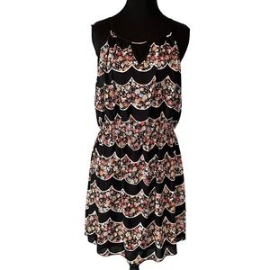 TOTO COLLECTION Black Floral Print Scalloped Hem Sleeveless‎ Mini Dress Women